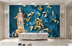 تصویر 4 از گالری عکس پوستر دیواری سه بعدی مجسمه و اشکال هندسی طلایی در پس زمینه سورمه ای