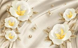 تصویر 1 از گالری عکس پوستر دیواری سه بعدی گل های سفید طلایی و پس زمینه کرم