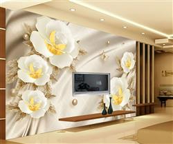تصویر 3 از گالری عکس پوستر دیواری سه بعدی گل های سفید طلایی و پس زمینه کرم