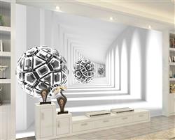 تصویر 3 از گالری عکس پوستر دیواری سه بعدی گوی های طرح دار نقره ای در راهرو سفید