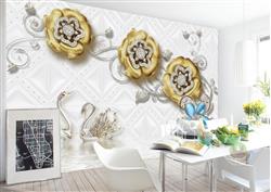 تصویر 4 از گالری عکس پوستر دیواری سه بعدی گل های طلایی و قو های شیشه ای در آب