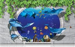 تصویر 1 از گالری عکس پوستر دیواری سه بعدی نهنگ های فانتزی در دایره و برگ ها