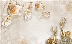 تصویر 1 از گالری عکس پوستر دیواری سه بعدی گل های سفید طلایی و گوزن های طلایی