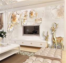 تصویر 3 از گالری عکس پوستر دیواری سه بعدی گل های سفید طلایی و گوزن های طلایی
