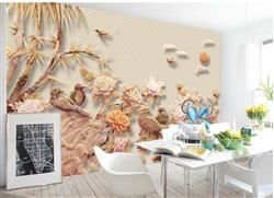 تصویر 4 از گالری عکس پوستر دیواری سه بعدی گل های کرم و صورتی در بین درختان