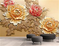 تصویر 2 از گالری عکس پوستر دیواری سه بعدی گل های هلندی طلایی و صورتی در پس زمینه بژ