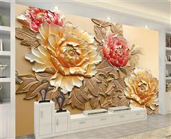 تصویر 3 از گالری عکس پوستر دیواری سه بعدی گل های هلندی طلایی و صورتی در پس زمینه بژ