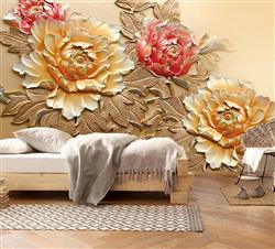 تصویر 5 از گالری عکس پوستر دیواری سه بعدی گل های هلندی طلایی و صورتی در پس زمینه بژ