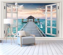تصویر 2 از گالری عکس پوستر دیواری سه بعدی پنجره با منظره دریا و کلبه