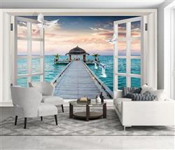 تصویر 3 از گالری عکس پوستر دیواری سه بعدی پنجره با منظره دریا و کلبه