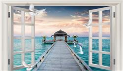 تصویر 4 از گالری عکس پوستر دیواری سه بعدی پنجره با منظره دریا و کلبه