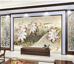 تصویر 3 از گالری عکس پوستر دیواری سه بعدی گل های سفید در پس زمینه طرح دار زیبا