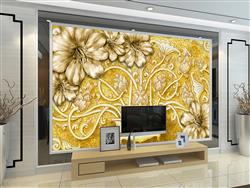 تصویر 3 از گالری عکس پوستر دیواری سه بعدی گل های بژ و پس زمینه طلایی و گلدان طلایی