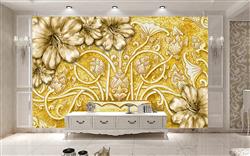 تصویر 4 از گالری عکس پوستر دیواری سه بعدی گل های بژ و پس زمینه طلایی و گلدان طلایی