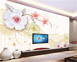 تصویر 3 از گالری عکس پوستر دیواری سه بعدی گل های سفید و صورتی و زد در پس زمینه طرح دار