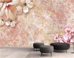 تصویر 2 از گالری عکس پوستر دیواری سه بعدی گل های سفید صورتی روی پس زمینه طرح دار