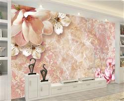 تصویر 3 از گالری عکس پوستر دیواری سه بعدی گل های سفید صورتی روی پس زمینه طرح دار