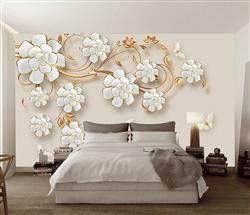 تصویر 2 از گالری عکس پوستر دیواری سه بعدی گل های هلندی سفید و شاخه های بژ