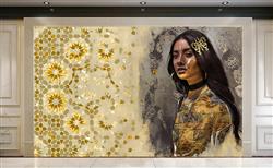 تصویر 2 از گالری عکس پوستر دیواری سه بعدی گل های طلایی و زن زیبا