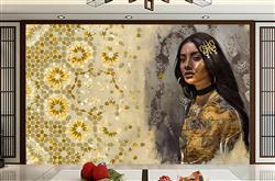 تصویر 3 از گالری عکس پوستر دیواری سه بعدی گل های طلایی و زن زیبا