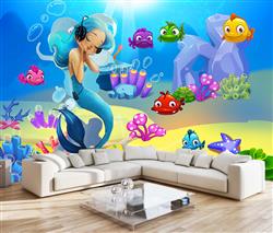 تصویر 3 از گالری عکس پوستر دیواری سه بعدی پری دریایی و ماهی های رنگی کارتونی