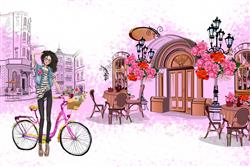 تصویر 1 از گالری عکس پوستر دیواری سه بعدی نقاشی دختر با دوچرخه رو به روی کافی شاپ