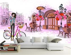 تصویر 3 از گالری عکس پوستر دیواری سه بعدی نقاشی دختر با دوچرخه رو به روی کافی شاپ
