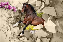 تصویر 1 از گالری عکس پوستر دیواری سه بعدی اسب خشمگین در دیوار شکسته و گل های صورتی