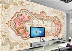 تصویر 2 از گالری عکس پوستر دیواری سه بعدی قاب گل های صورتی با دیواره ی سفید و بژ