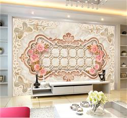 تصویر 3 از گالری عکس پوستر دیواری سه بعدی قاب گل های صورتی با دیواره ی سفید و بژ