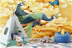 تصویر 5 از گالری عکس پوستر دیواری سه بعدی نقاشی طاووس های زیبا با تم زرد و بژ