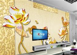تصویر 2 از گالری عکس پوستر دیواری سه بعدی گل های سفید با پس زمینه الگو های زرد و طلایی