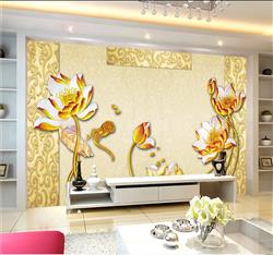 تصویر 3 از گالری عکس پوستر دیواری سه بعدی گل های سفید با پس زمینه الگو های زرد و طلایی