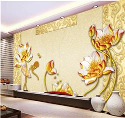 تصویر 4 از گالری عکس پوستر دیواری سه بعدی گل های سفید با پس زمینه الگو های زرد و طلایی