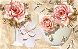 تصویر 1 از گالری عکس پوستر دیواری سه بعدی گل های صورتی با جام های سفید