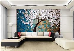 تصویر 3 از گالری عکس پوستر دیواری سه بعید درخت فانتزی سفید و پس زمینه آبی