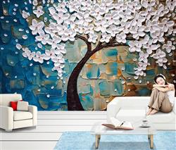 تصویر 4 از گالری عکس پوستر دیواری سه بعید درخت فانتزی سفید و پس زمینه آبی