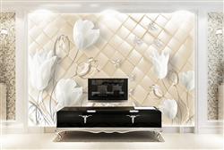 تصویر 3 از گالری عکس پوستر دیواری سه بعدی گل های سفید با پس زمینه ی مربع مربع بژ براق
