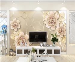 تصویر 3 از گالری عکس پوستر دیواری سه بعدی گل های طلایی با پس زمینه ی بژ با وسط صورتی