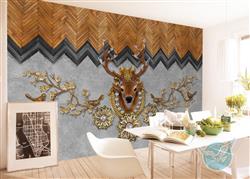 تصویر 2 از گالری عکس پوستر دیواری سه بعدی سر گوزن با دیوار طوسی و گل های طلایی