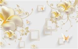 تصویر 1 از گالری عکس پوستر دیواری سه بعدی گل های سفید طلایی با پس زمینه مربع های سفید