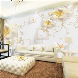 تصویر 2 از گالری عکس پوستر دیواری سه بعدی گل های سفید طلایی با پس زمینه مربع های سفید
