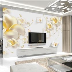 تصویر 3 از گالری عکس پوستر دیواری سه بعدی گل های سفید طلایی با پس زمینه مربع های سفید