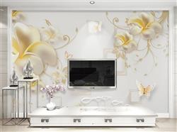 تصویر 4 از گالری عکس پوستر دیواری سه بعدی گل های سفید طلایی با پس زمینه مربع های سفید