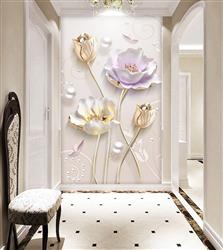 تصویر 3 از گالری عکس پوستر دیواری سه بعدی گل های طلایی بنفش و سفید