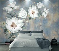 تصویر 2 از گالری عکس پوستر دیواری سه بعدی گل های سفید نقاشی در پس زمینه آبی