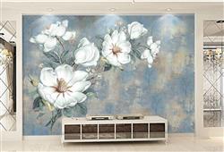تصویر 3 از گالری عکس پوستر دیواری سه بعدی گل های سفید نقاشی در پس زمینه آبی