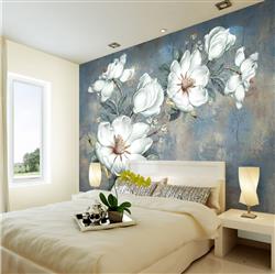 تصویر 4 از گالری عکس پوستر دیواری سه بعدی گل های سفید نقاشی در پس زمینه آبی