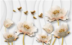 تصویر 1 از گالری عکس پوستر دیواری سه بعدی گل های سفید طلایی زیبا و پرنده ها