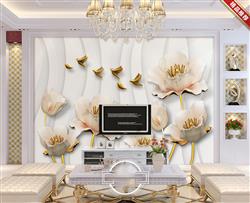 تصویر 2 از گالری عکس پوستر دیواری سه بعدی گل های سفید طلایی زیبا و پرنده ها